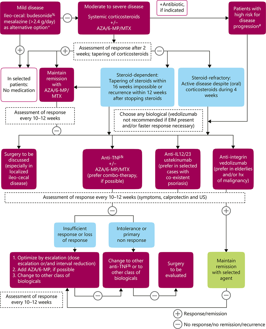 Sulz et al - Therapy algorithm for endoluminal CD. To keep this algorithm as simple as possible and for reasons of repetition and similarity, location and extent of inflammation (localized ileo-cecal, colonic, and extensive small bowel disease) are not specifically represented. Also, for reasons of simplicity, the severity of inflammation (mild/moderately severe/severe) is not differentiated. However, high-risk situation for progressive disease and steroid-dependent/steroid-refractory inflammation are discussed as separate entities. Surgery as a therapeutic option in endoluminal CD treatment is integrated in the algorithm, where indicated. + For more details, see main text. % Budesonide: cortiment multi matrix is not approved for treatment of CD. # Table 1: indicators for severe disease/disease progression. & Anti-TNF: infliximab and its biosimilars (Remicade®/Inflectra®/Remsima®); Adalimumab and its biosimilars (Humira®/Hyrimoz®/­Amgevita®); CertolizumabPegol (Cimzia®), only approved in Switzerland and USA. CD, Crohn’s disease; AZA, azathioprine; IL, interleukin; 6-MP, 6-mercaptopurine; MTX, methotrexate; TNF, tumor necrosis factor; EIM, extraintestinal manifestations; US, ­ultrasonography.